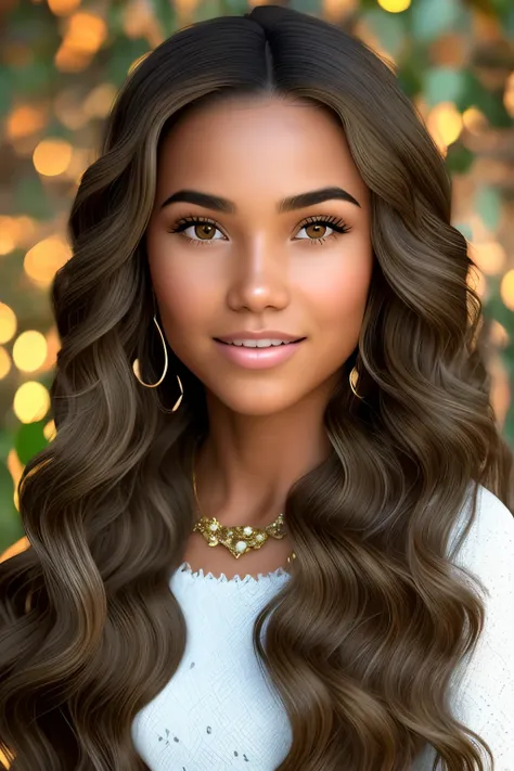 Generate a highly detailed, realistic photo of a captivating Latino-Malagasy mixed-race woman. Her long, wavy hair cascades down in soft waves of light brown, glistening with golden highlights. Her expressive hazel eyes, flecked with green, radiate warmth ...