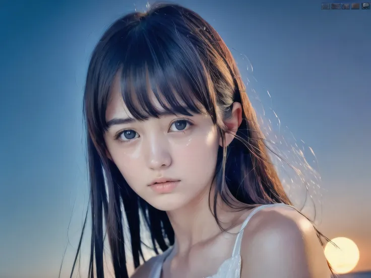 (close up face shot of slender small-breasted dark silver long hair with swept bangs girl wearing a white summer dress:1.5)、(one...