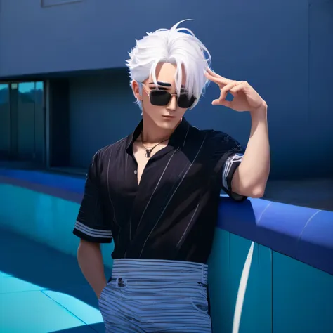 cute man anime character with white hair and sunglasses standing in front of a pool, realistic