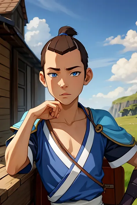 masterpiece, best quality, wallpaper, 1boy, solo, male focus, looking at viewer, , , ligne claire, realistic, sokka_avatar, brow...