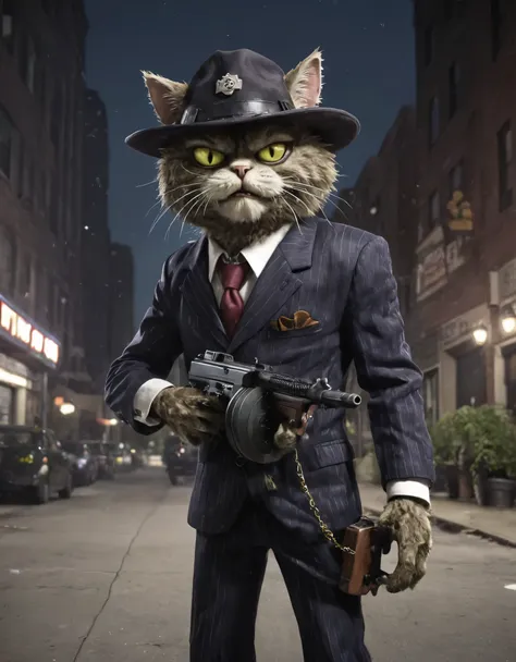 plants vs. zombies style, anthropomorphic furry cat in a mobster suit carrying a tmmygn submachine gun in a nighttime chicago st...