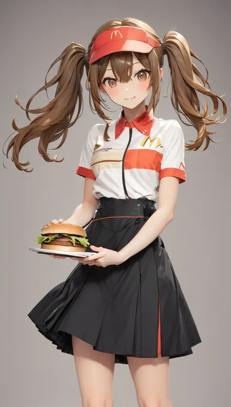 mac、red、simple background、girl、bold pose、hamburger