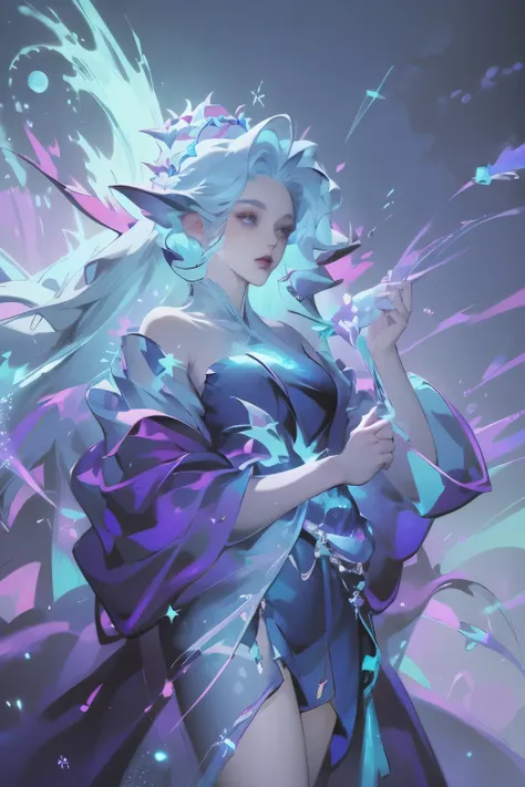 Anime girl in blue，Blue hair and blue clothes, Flowing Magic Robe, ((Beautiful fantasy queen)), Star Witch Costume, Full body fairy, Beautiful Celestial Mage, heise jinyao, Beautiful fantasy queen, cotton cloud mage robes, Jellyfish Priestess, ethereal ess...