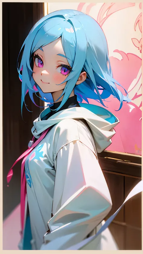 1 girl、Anime style painting、Light blue hair、Pink Eyes、smile、Small breasts、From the side、smile、Upper body close-up、Wearing a white hoodie with ethnic patterns、Railway station background