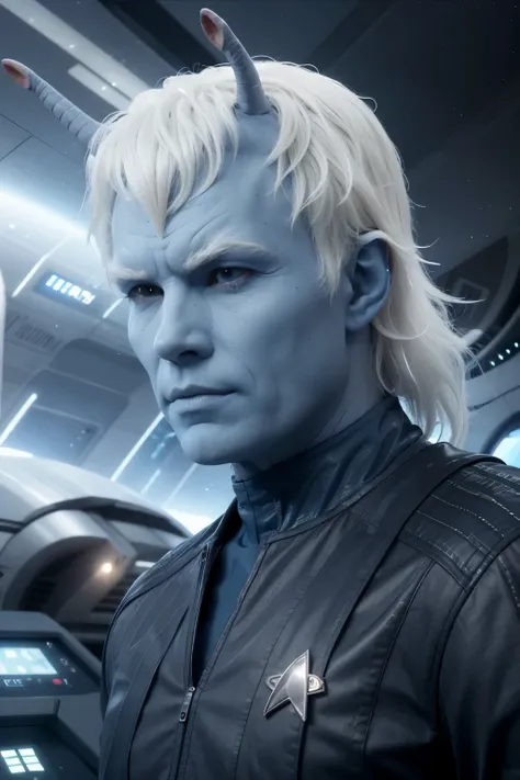 andorian man, blue skin, white hair,  antennae, scifi starship background,