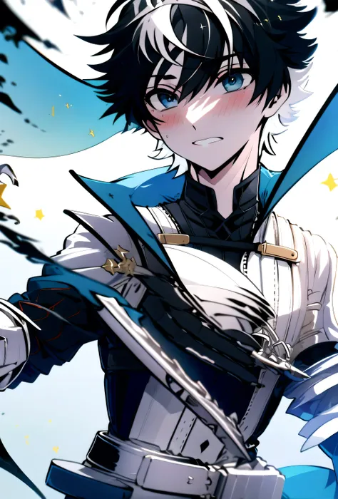 (masterpiece), (HDR), absurdres, (best quality), (ultra high quality), (hi-res), (((cowboy shot))), (1boy), solo, alone, mature, charlemagne, (blue eyes), beautiful detailed eyes, (((black hair))), multicolored hair, bishounen, BREAK, Transparent Dress, dy...