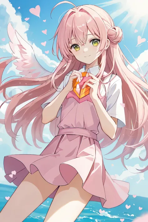 1_girl, (anime, kawai:2), (masterpeice, best_quality, clean:1.5), (sky_background:1.2), (cute, cute_smile, wholesome, young:2), (delicate, extremely_delicate, beautiful, thin:1.5), (girlfriend, angel:2), (green_eyes, cute_eyes, simple_eyes:2) (long_hair, b...