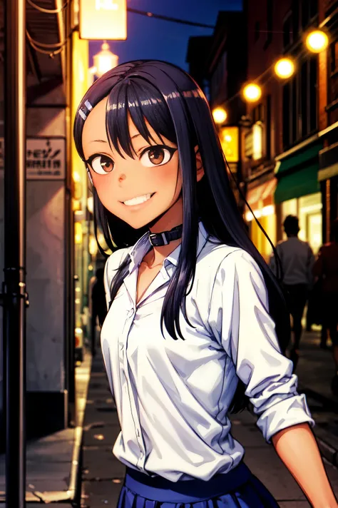 1 girl, standing alone, sprinting, citysscape, night citys (citys), stealth in the citys, Small bust, work of art, professional art, famousartwork, face perfect,perfect brown eyes, nagatoro hayase, hair ornament, eyes browns,(glare eyes:1.1), hair clip, da...