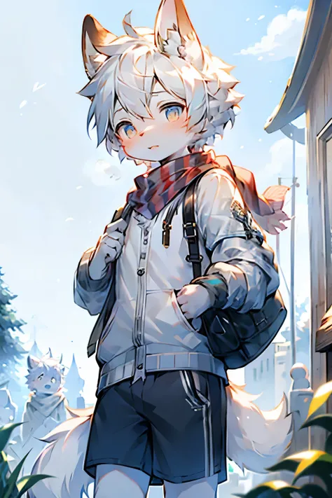 Arctic Hare Boy，Furry boys，Baby characteristics，Beast Features，White Arm，White hair，scarf，shorts，Outdoor bright snowy background