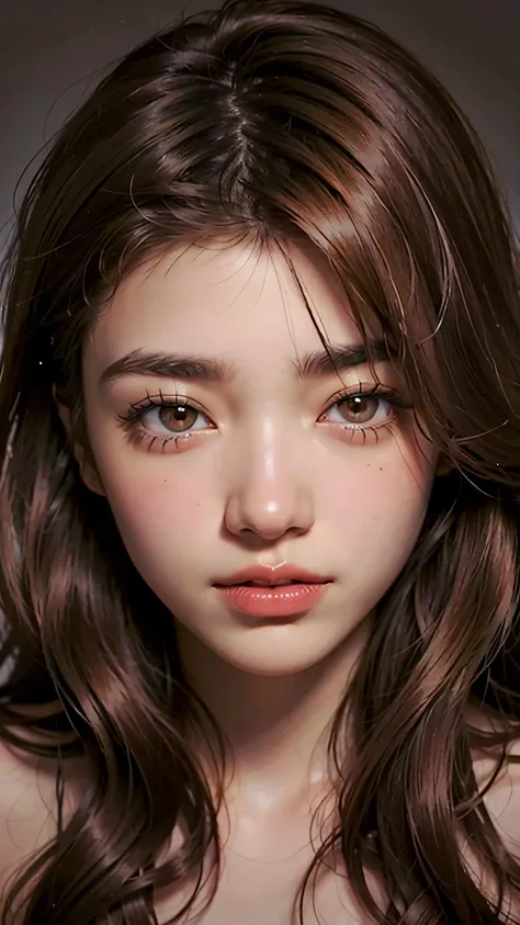 ((brown eyes)), (18 year old teenage girl), light brown hair color, ((big tits)), lips, realistic, (slim face), ((skinny)), charming, pink lipstick, colorful makeup, long eyelashes, wearing eyeliner, fair skin, (cute), (detailed face), detailed eyes, deta...