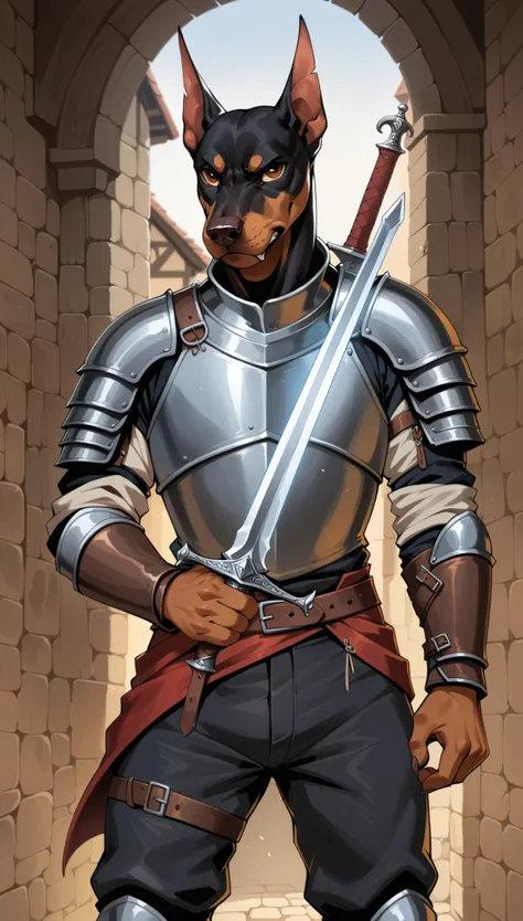 Mammal, Top quality, masterpiece, high resolution, 1man, hi res, absurd res, Dog, Doberman, Dungeons and Dragons, character, Warrior, Dogfolk, male, ahletics, angry face, solo, medieval (soldier armor), medieval leather pants, holding object, light sword, ...