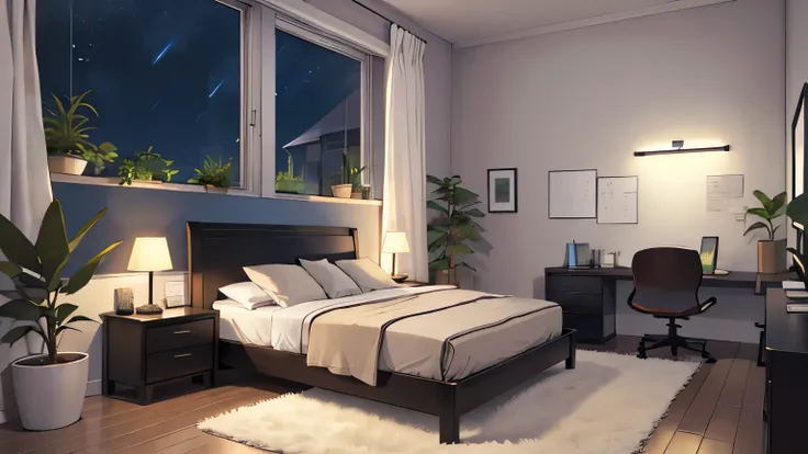 High level of image quality、bedroom，night，Warmth，clean，Green plants