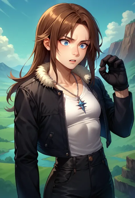 score_9, score_8_up, score_7_up, 1boy, solo, squall, ((small breasts)) , slender body, necklace, brown hair, long hair, gloves, white shirt, blue eyes, shirt, black gloves, jacket, black jacket, trim jacket, black pants, scar, scar on face, parted bangs, t...