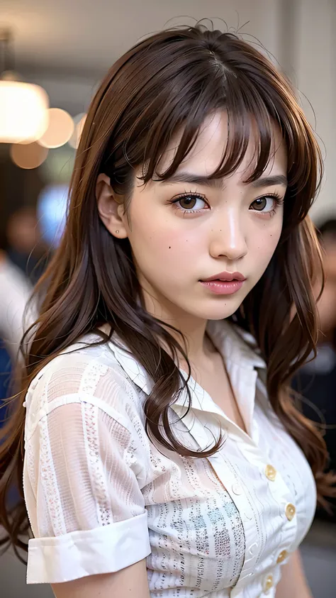 4K, ((brown eyes)), (18 year old teenage girl), light brown hair color, ((big tits)), lips, realistic, (slim face), ((skinny)), charming, pink lipstick, colorful makeup, long eyelashes, wearing eyeliner, fair skin, (cute), (detailed face), detailed eyes, d...