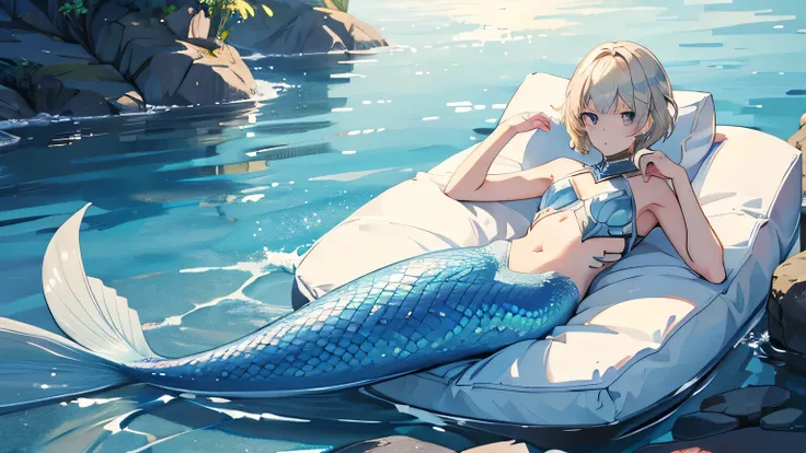 boys, short hairstyle, blond, silver eyes, mermaid, high quality,fine,8k quality