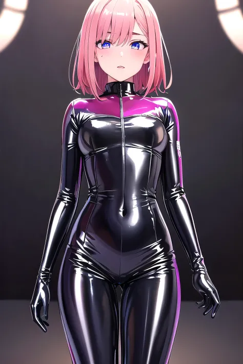 blushed, (perfect anatomy), detailed eyes, detailed lips, extremely detailed eyes and face, vivid colors, sharp focus, masterpiece:1.2, ultra-detailed, blushed, ((((dominant, latex outfit)))), (solo), cowboy_shot, 20-year-old , pink hair