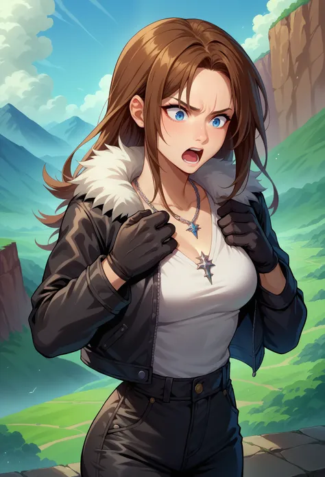 score_9, score_8_up, score_7_up, 1boy, solo, squall, medium breasts, slender body, necklace, brown hair, long hair, gloves, white shirt, blue eyes, shirt, black gloves, jacket, black jacket, fur trim jacket, black pants, scar, scar on face, hands on own ch...