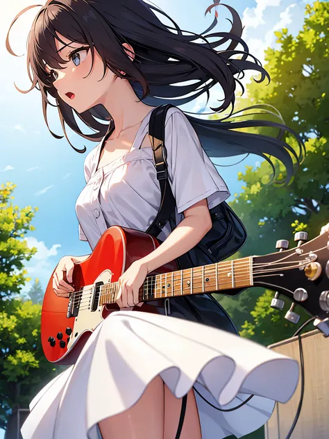 One girl, Gaze, Character profile, chest, Shortcuts, Hair blowing in the wind, Open your mouth a little, guitar,Hydration with a plastic bottle