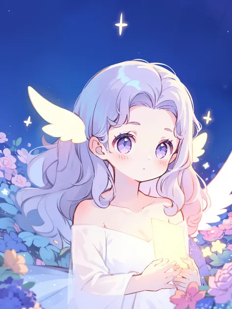 nude angel girl wearing an ethereal translucent dress, pale skin, ((wavy gradient blue purple hair)), magical dream flower garden, angel wings, sparkling detailed eyes, golden ratio face, perfect composition, highly detailed, ethereal, (starry night sky ba...