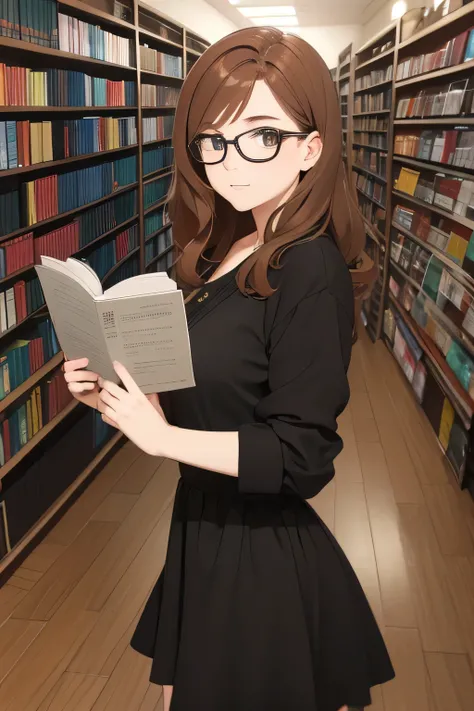 female, 18, shoulder length wavy auburn hair, hazel eyes,fair complexion, reading glasses, medium b cup breast, slender frame, short black casual dress, 8k, in a book store