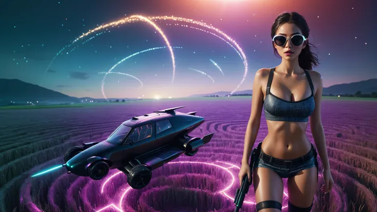 Aerial view, (flying vehicle), sci-fi outdoor crop circle maze as background. Matrix style, at night, dark sky. (1girl, solo), photo realistic, large-breast:1.2 slim:0.8 body, cleavage:1.2, tube top, miniskirt, (matrix style black sunglasses), (holding a m...