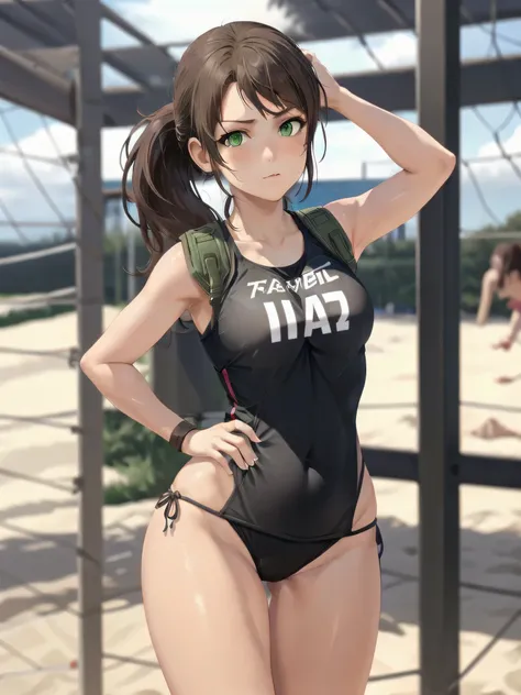 quietmetalgear, ponytail, wide hips, thighs, solo girl, beach_volley, brown hair, ponytail, green eyes, long hair