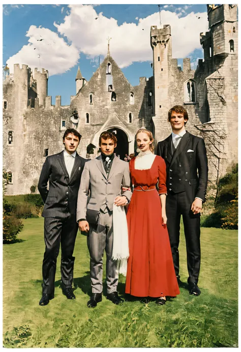 blue skies with white fluffy clouds in the background, a medieval castle with four men in black and grey suits, joined by a young woman, twenty years old wearing a vibrant bright red dress