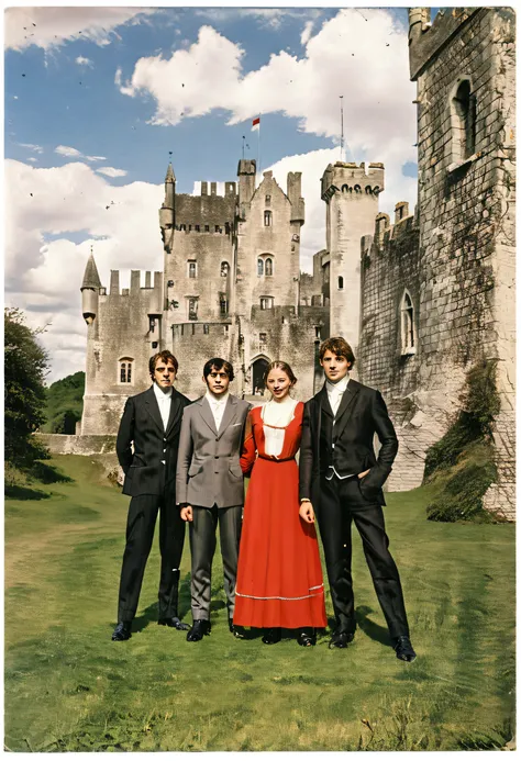 blue skies with white fluffy clouds in the background, a medieval castle with four men in black and grey suits, joined by a young woman, twenty years old wearing a vibrant bright red dress