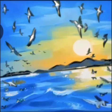 painting of a flock of Birds flying over a body of water, Ocean sketch drawn in MS Paint, Birds in the distance, Birds flying in the distance, Artistic depiction, birds on sky, Inspired by Hiroshige, Birds flying, Sunset, Birds in the sky, Sunsetting, Draw...