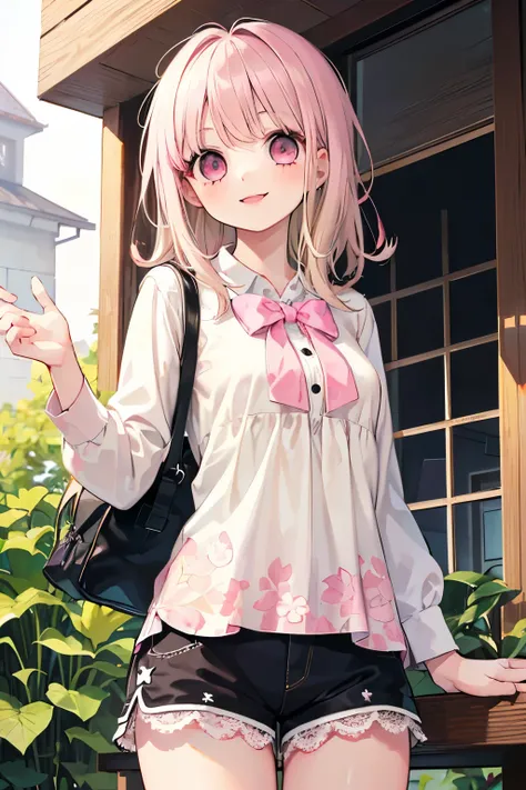 (beautiful young boy:1.3),(Small breasts 1.0),((Lightbeige hair:1.2)),(Medium wave hair:1.1),(pink eyes:1.2),(PRİNCESS:1.1),(lace blouse:1.2),(Botanical print shorts:1.25),(A big smile:1.35),(outdoor:1.25)