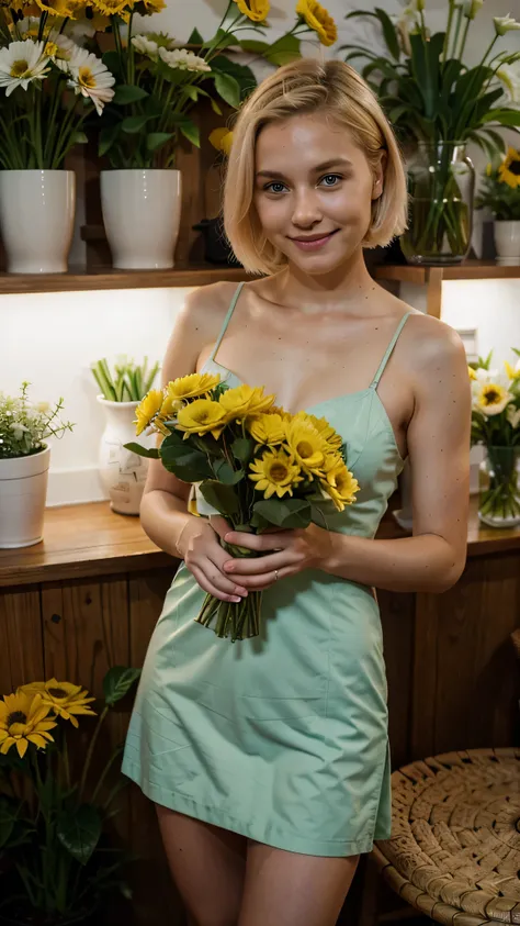 swedish woman, blond short hair, green eyes, 30 years old, eco activist, smile, buying flowers, long distance shot, wearing dress