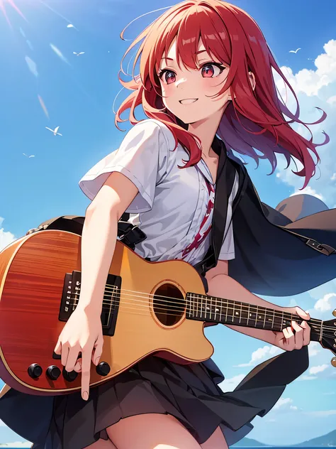 One Girl, sight, Character Profile, chest, Shortcuts, Hair blowing in the wind, Please open your mouth a little, guitar,Hydrating with a plastic bottle Red face, Half Eye（Filmography）, smile, 