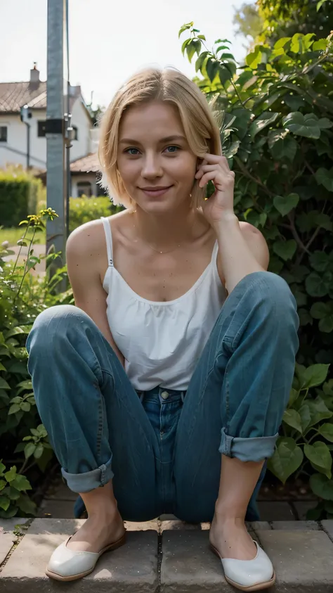 swedish woman, blond short hair, green eyes, 30 years old, eco activist, smile, sitting in the garden, long distance shot, wearing pants and top