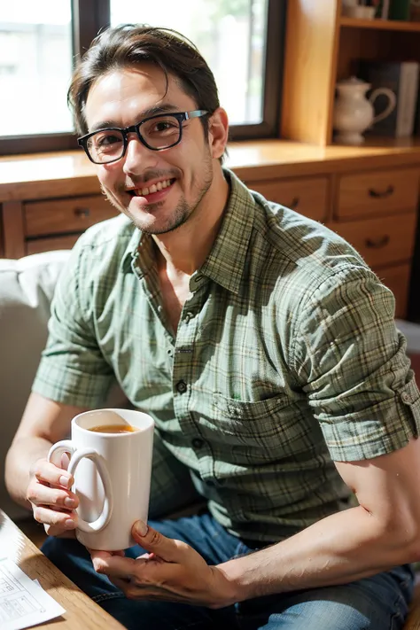 Raising a 40-Year-Old Man, smiling happily, Wear thin-rimmed gold-rimmed glasses, Holding a colorful mug in hand, Holding mobile phone in one hand.Green Check Shirt and Jeans, Brown eyes, The screen is flawless.