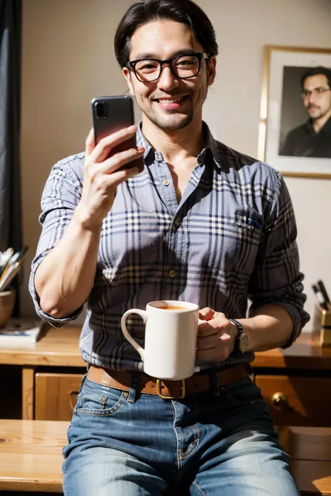 Raising a 40-Year-Old Man, smiling happily, Wear thin-rimmed gold-rimmed glasses, Holding a colorful mug with colorful patterns in hand, The other hand is holding a mobile phone.Purple Check Shirt and Jeans, Brown eyes, The screen is flawless.