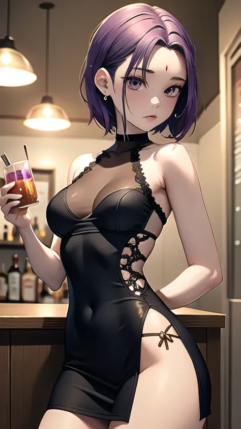 (cowboy shot), (masterpiece, best_quality, detailed, immaculate:1.3), epic, illustration,Anime Style
BREAK
ArtemisYJ,short hair,purple Hair,makeup
extremely detailed clothing fabric(Black short dress) spaghetti string,extremely detailed dress ,small breast...