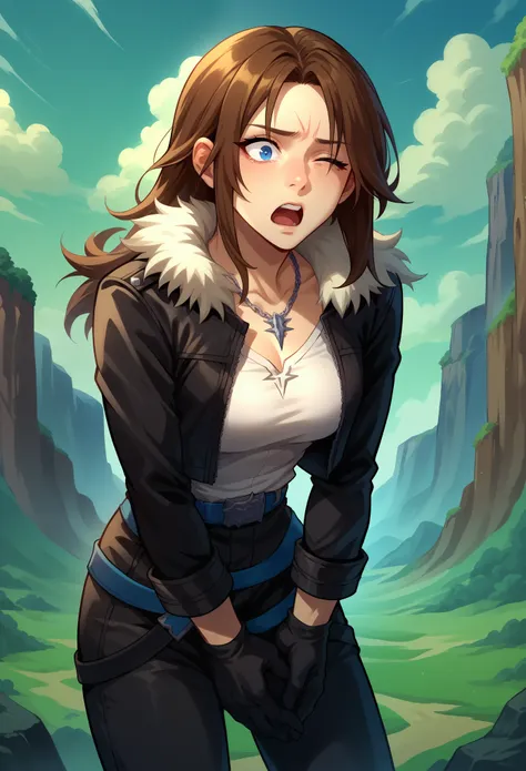 score_9, score_8_up, score_7_up, 1boy, solo, squall, medium breasts, slender body,(single closed eye), necklace, brown hair, long hair, gloves, white shirt, blue eyes, shirt, black gloves, jacket, black jacket, fur trim jacket, black pants, belt, scar, dia...