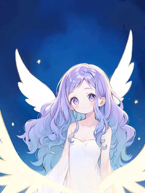 nude angel girl wearing an ethereal translucent dress, pale skin, ((wavy gradient blue purple hair)), white feathers, angel wings, sparkling detailed eyes, golden ratio face, perfect composition, highly detailed, ethereal, (starry night sky background), mi...