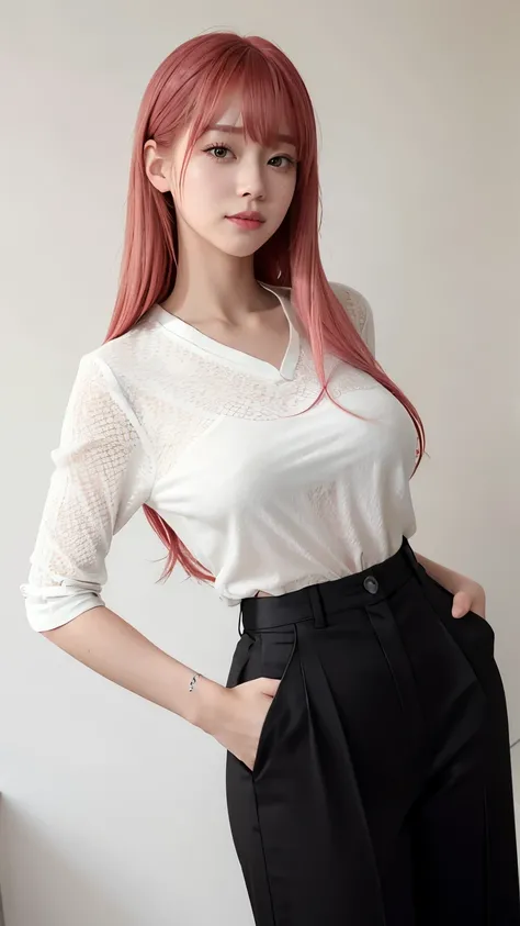 Highest quality、Ultra-high resolution、RAW shooting、Professional Lighting、Detailed Background、coastal、Full Body、Makima、25-year-old female、(High tone cherry pink hair)+(Long Hair)+(bangs)、(Yellow Eyes)、White see-through shirt,(Black trousers:1.5)、Huge breast...