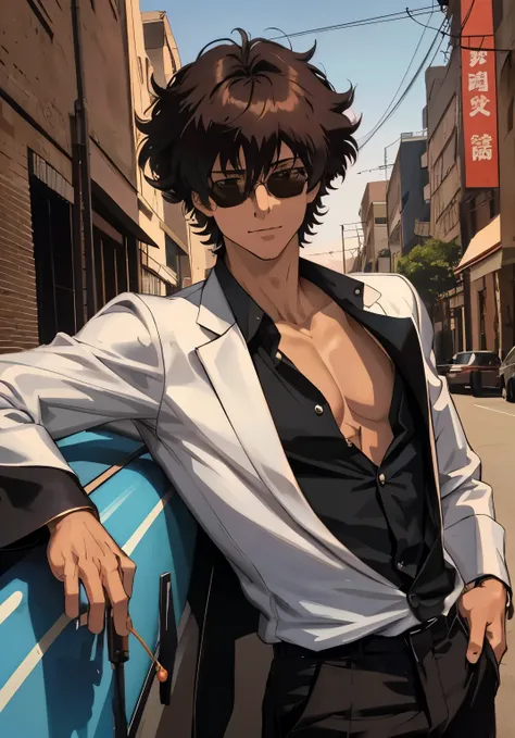 imagine Spike Spiegel with traces of Satoru Gojo, JUJUTSU KAİSEN, Handsome man with medium length black hair, wearing sunglasses on the bridge of the nose, revealing her deep dark brown eyes, looking at the viewers, Charismatic behavior, Confident expressi...