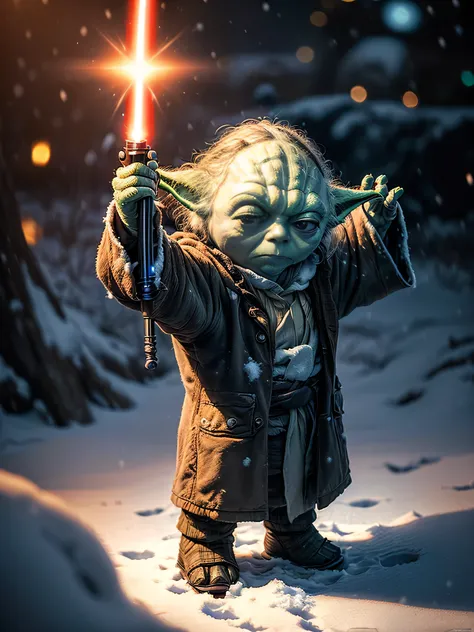 (masterpiece, photorealistic:1.4, extremely intricate:1.6), (photon mapping, radiosity, physically based rendering, ultra resolution, hyper-realistic, photorealistic:1.4, hyper-realistic, 8K, dtx), (((star wars Yoda, black skin, red lightsaber, dynamic act...