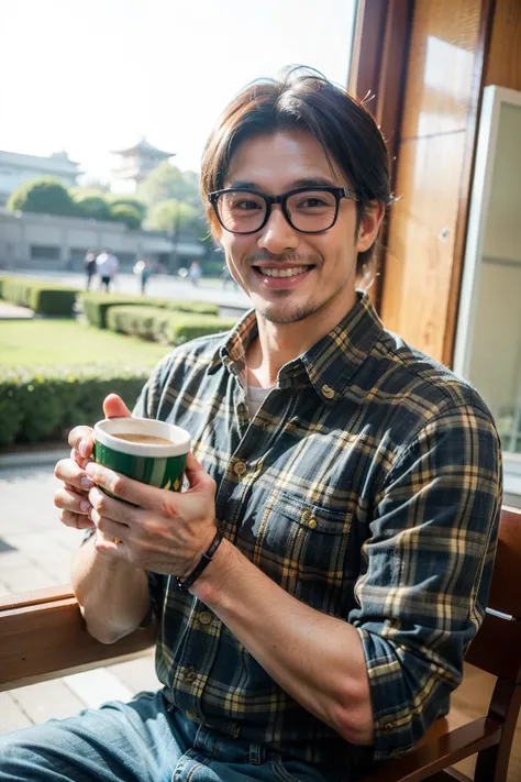 Raising a 40-Year-Old Man, smiling happily, Wear thin-rimmed gold-rimmed glasses, Holding a colorful mug with colorful patterns in hand, The other hand gestures like,Green plaid shirt and jeans, Brown eyes, The screen is flawless.The Japanese Imperial Pala...