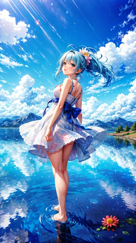 1girl, looking up at the sky, vast landscape, blue sky, outdoor, backview, flowers at her feet, wind blowing hair, reflection on water surface, anime style, detailed facial features, beautiful eyes, cute expression, serene, peaceful, dreamlike, vibrant col...