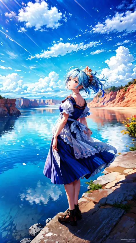 1girl, looking up at the sky, vast landscape, blue sky, outdoor, backview, flowers at her feet, wind blowing hair, reflection on water surface, anime style, detailed facial features, beautiful eyes, cute expression, serene, peaceful, dreamlike, vibrant col...