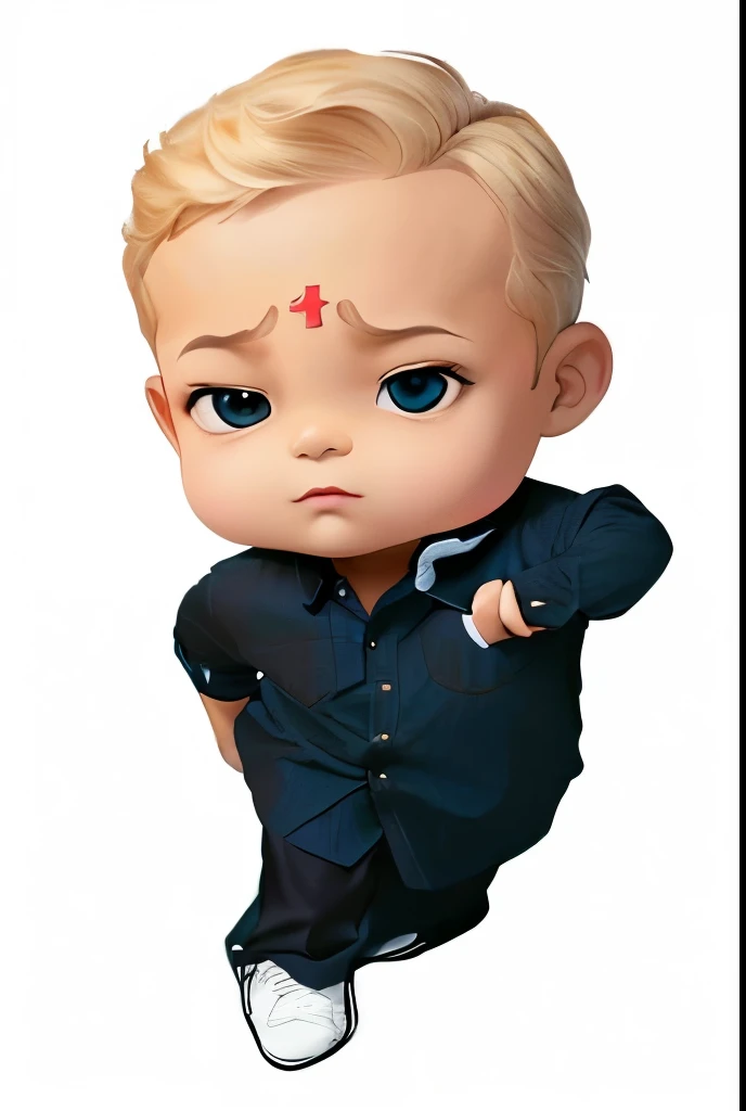 generate the ((Indian boss baby looking at viewer)), ((big cute eyes)), (((wearing blue shirt and black pant with suite))), ((serious looking at viewer)), ((looking front viewer)), (((detailed body))), (((black hair))), (((baby serious, attitude face))), d...