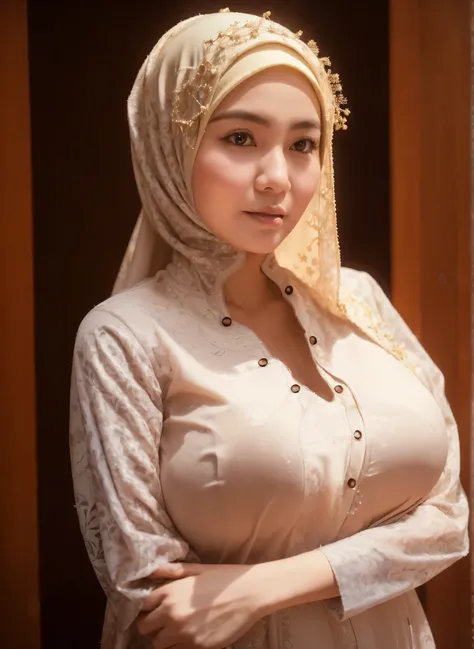 50 years Old, Hijab Indonesian mature woman, Big Tits : 66.9, Gamis, Breast out from her clothes : 1.9, at doctor office, Dark light, at Nighttime