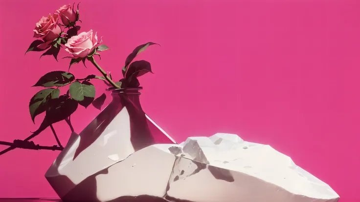 There is a rose in a vase on the rocks on a pink background, Aquarium cover art, Aquarium, Robert Mapplethorpe&#39;s style, Robert Mapplethorpe (Robert Mapplethorpe) of inspiration, growing out of a giant rose, Broken vase, Flowers in marble, author：Alexis...