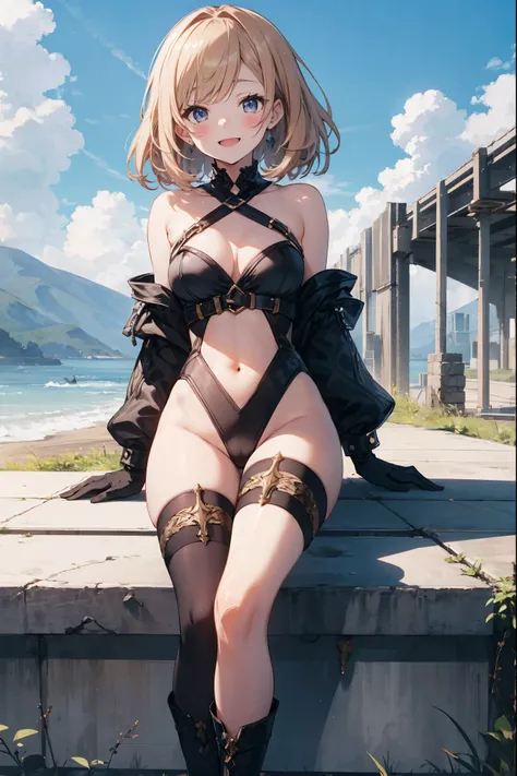 GRANBLUEfantasy,1young_teen_ girl,brown_hair,medium_bob_hair,platina_blond_hair,white_leotard,covered_crotch,thigh-highs,smile,standing,bluesky_landscape_background,slightly_spread_legs,happiness, short_gloves ,solo, r18, navel,relicbuster,short,boots,open...