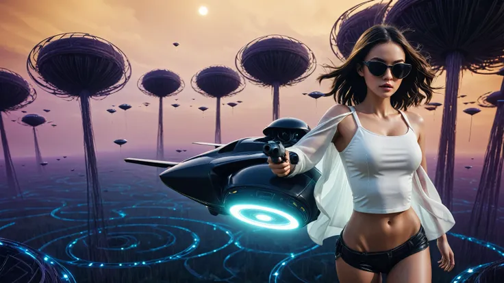 Aerial view, (flying vehicle), sci-fi outdoor crop circle maze as background. Matrix style, at night, dark sky. (1girl, solo), photo realistic, large-breast:1.2 slim:0.8 body, cleavage:1.2, tube top, miniskirt, (matrix style black sunglasses), (holding a m...