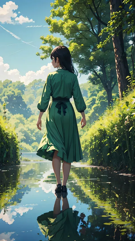 Every green空 carries the promise of a new dawn, Paving the way for a beautiful beginning,Beautiful nature paintings. green,green空, green、A woman is reflected in the photo.、Back view